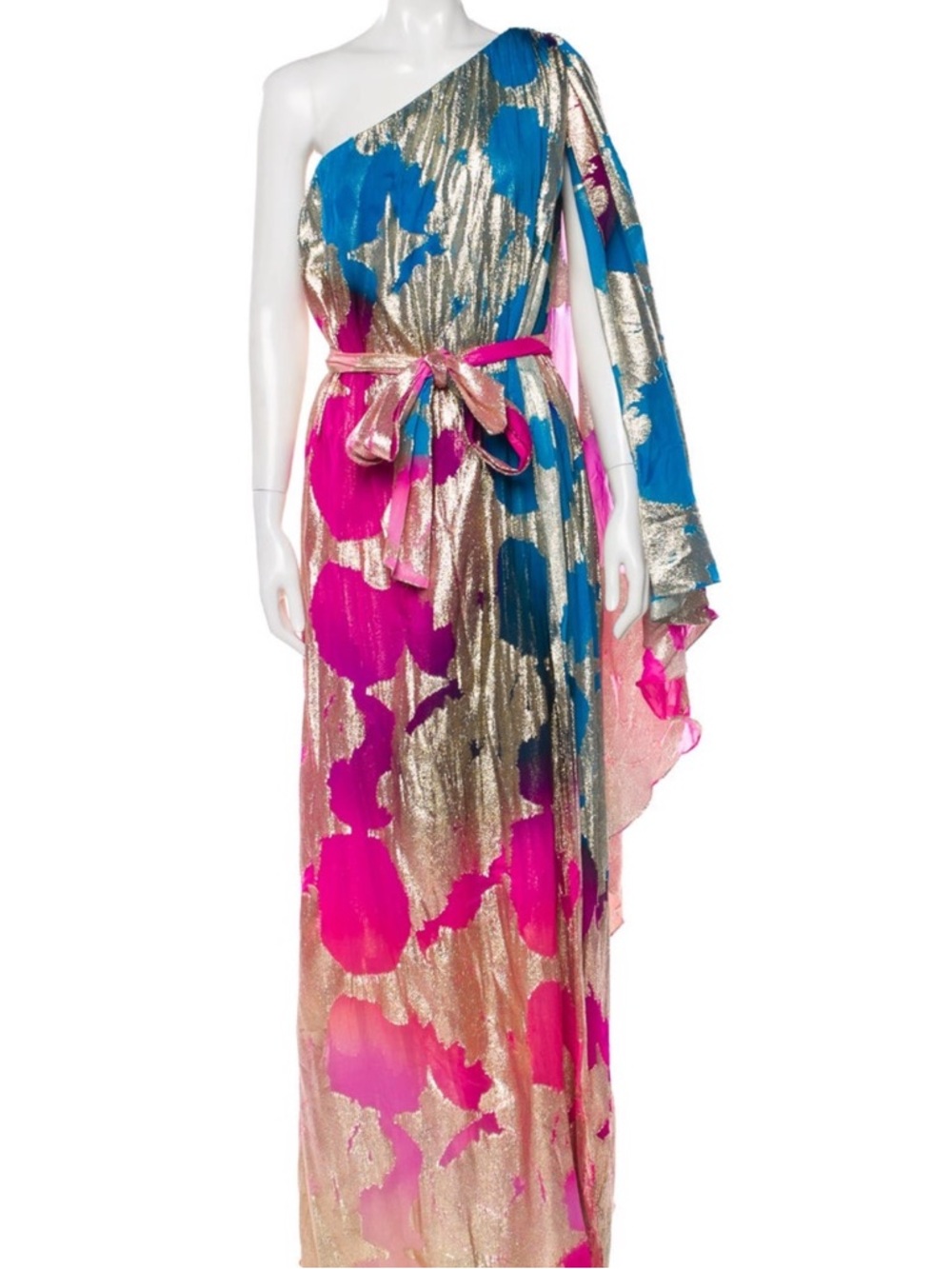 Halston Heritage One-Shoulder Metallic Gold Gown with Pink and Blue Accents